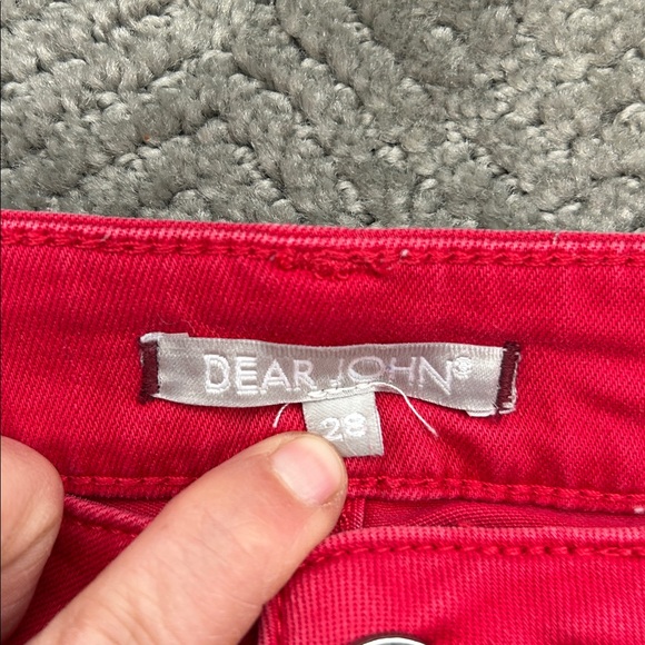 Dear John Red Denim Side Stripe Mini Skirt - Size 28 - Raw Hem & Stretch - Picture 2 of 8